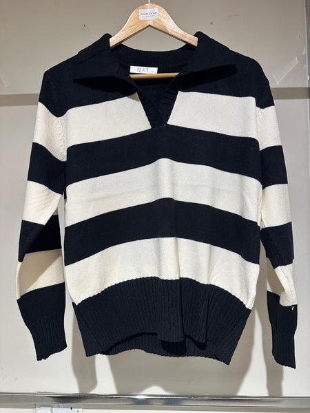 H&L Ladies Striped Knit Jumper with Collar H-20016
