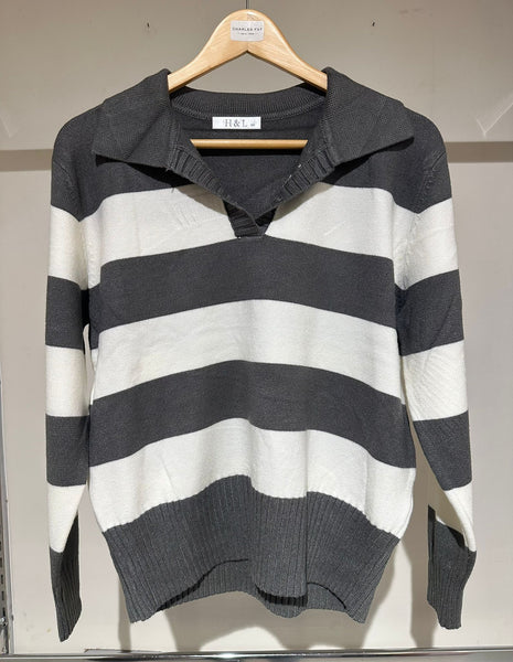 H&L Ladies Striped Knit Jumper with Collar H-20016
