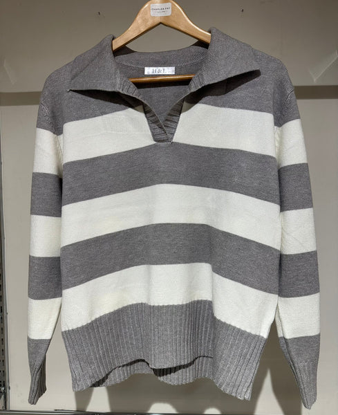 H&L Ladies Striped Knit Jumper with Collar H-20016