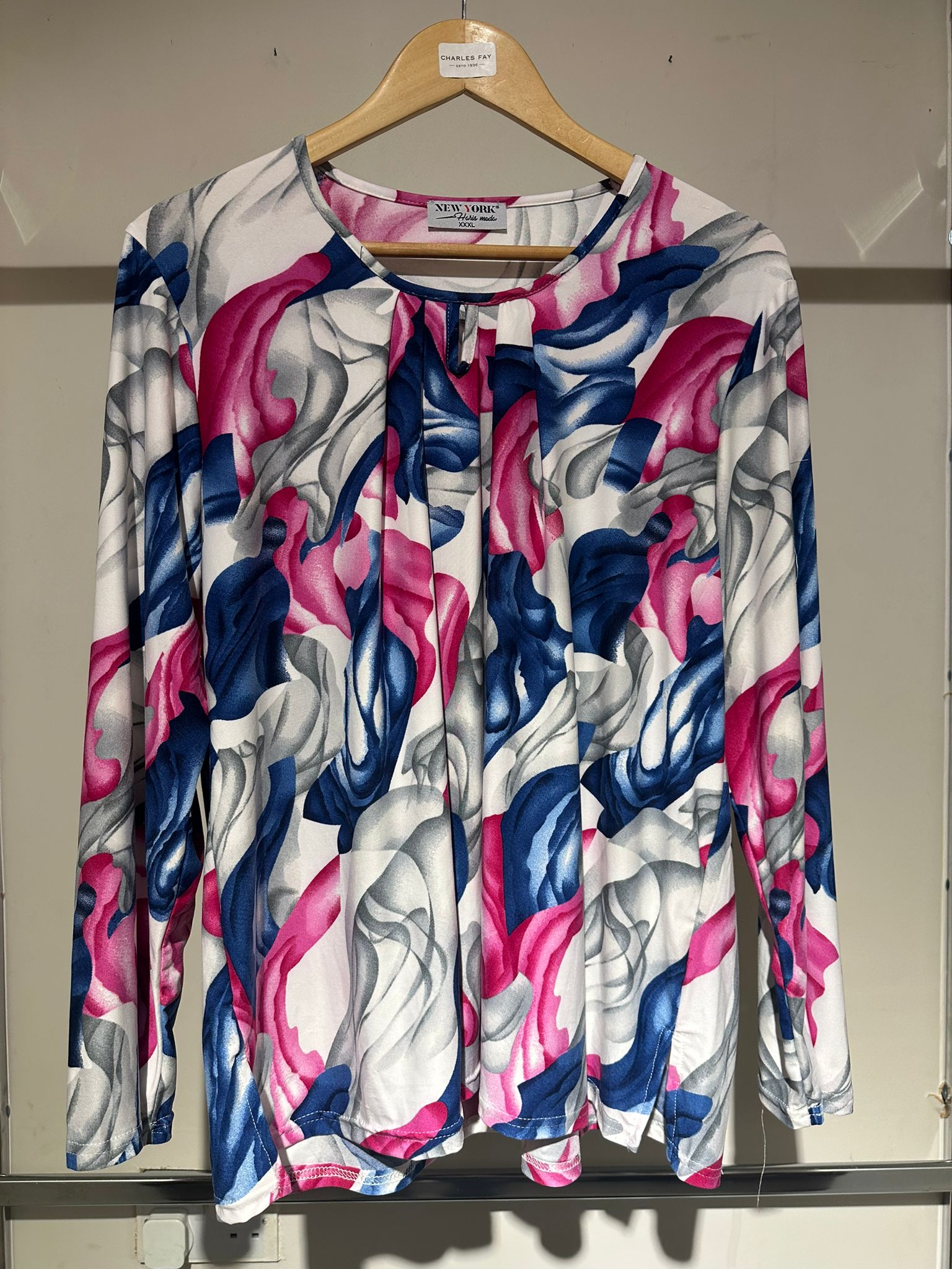 NYP Ladies Round Neck Top Abstract Swirl Print NYP3500 White-Royal-Pink