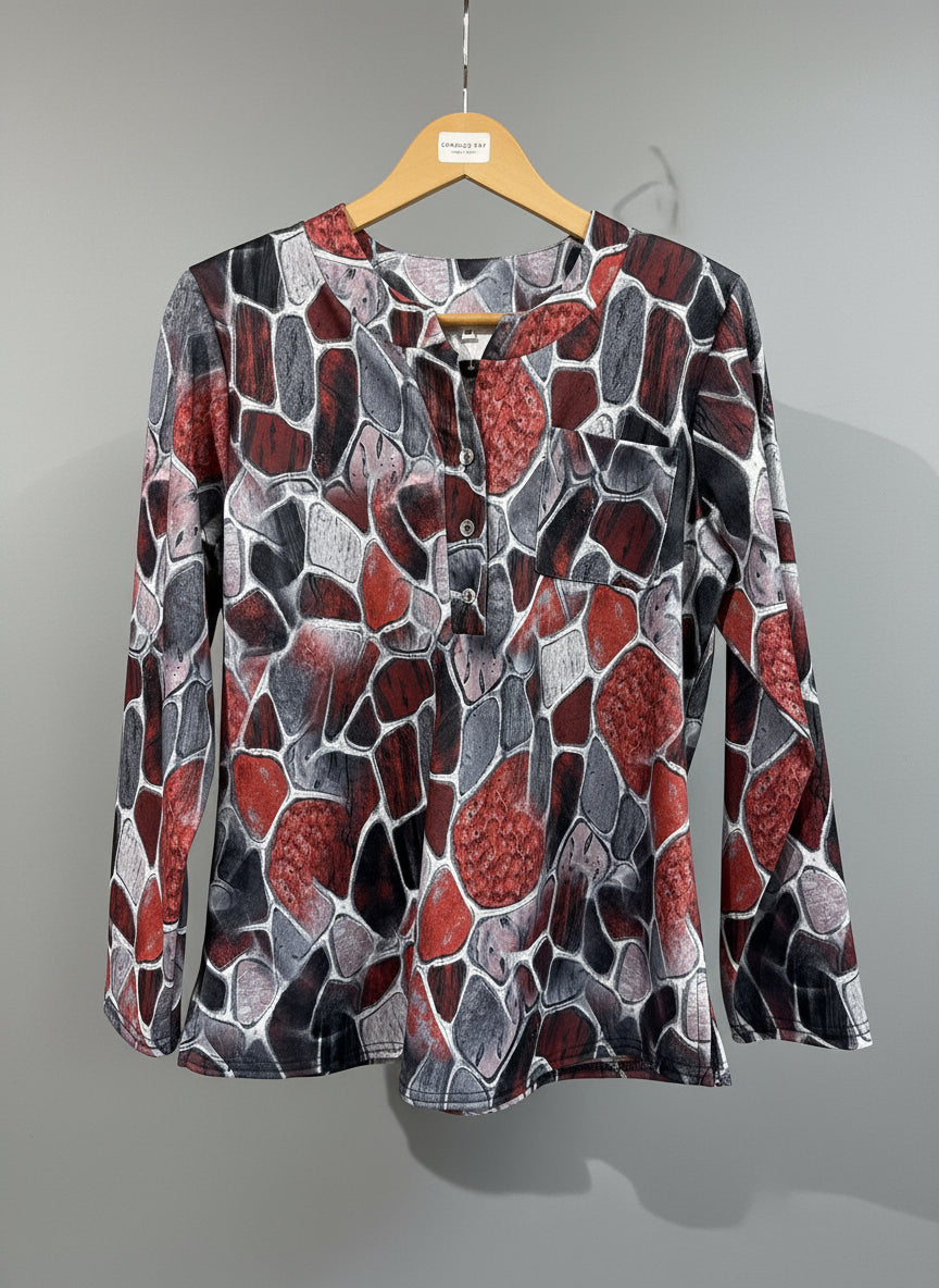ladies print top with 4   buttons   and long  sleeve