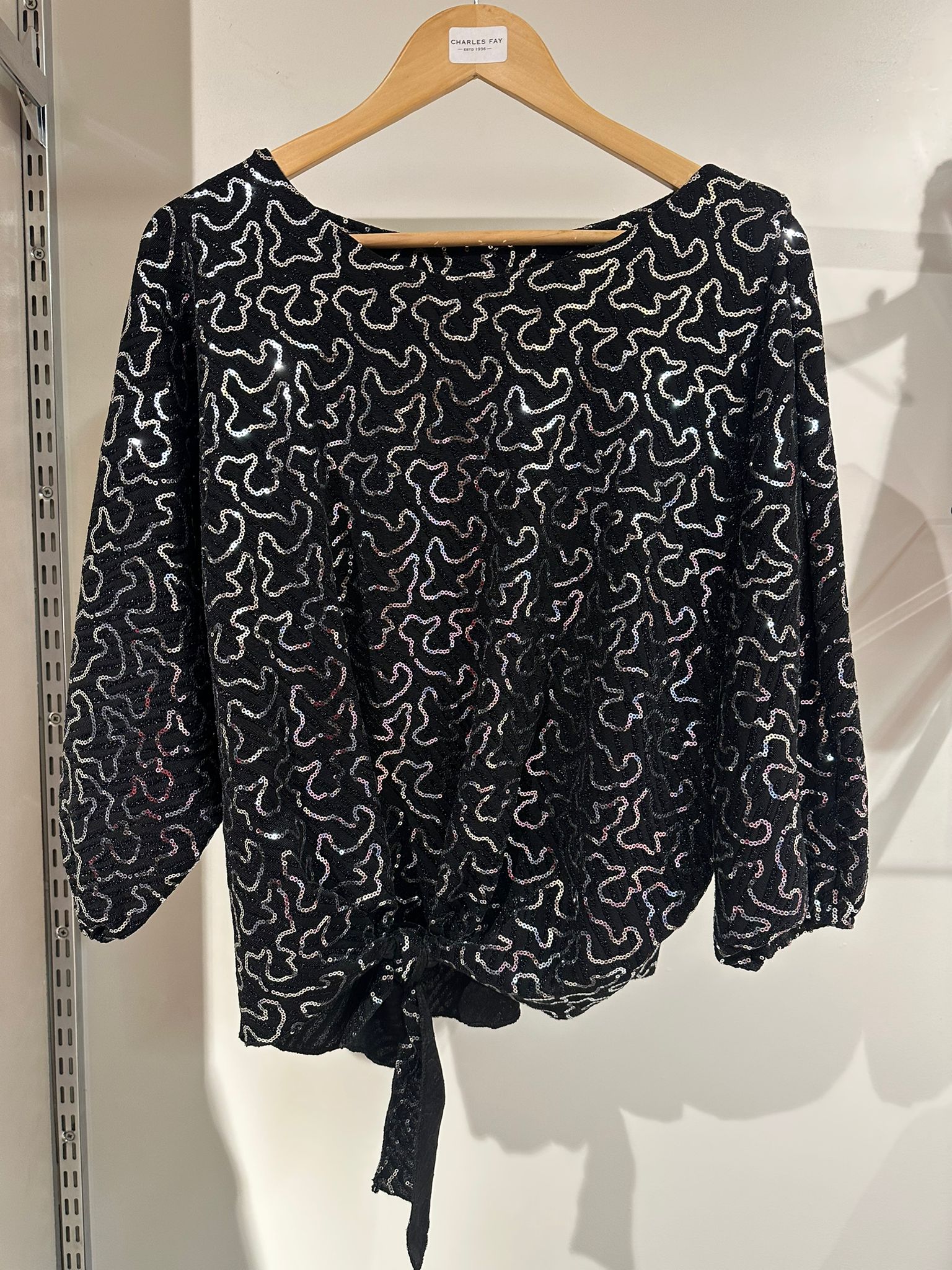 New Feelings Ladies Round Neck Batwing Sleeve Top Silver Sequins NF9044