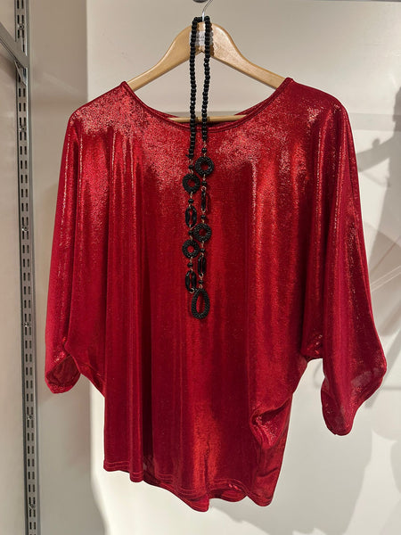 New Feelings Ladies Round Neck Shiny Batwing Sleeve Top with Necklace NF842