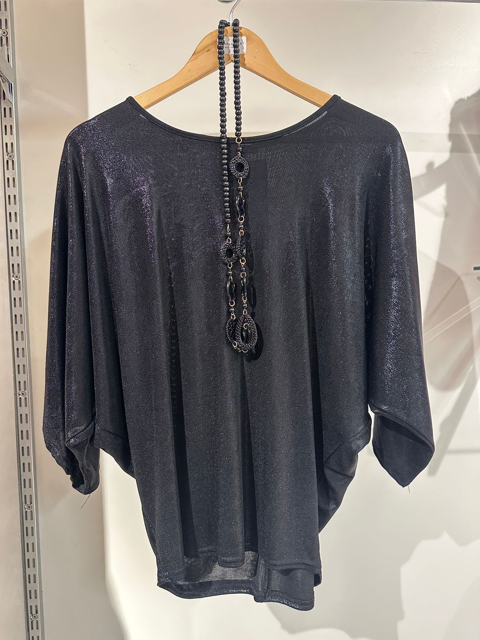 New Feelings Ladies Round Neck Shiny Batwing Sleeve Top with Necklace NF842