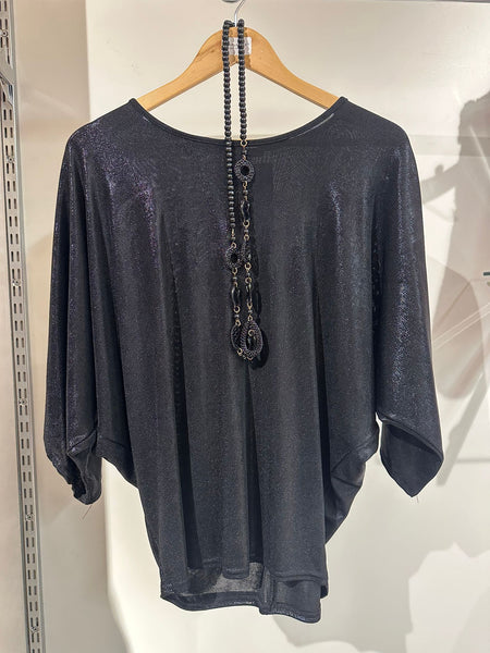 New Feelings Ladies Round Neck Shiny Batwing Sleeve Top with Necklace NF842