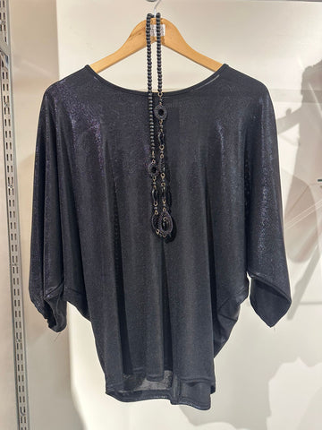 New Feelings Ladies Round Neck Shiny Batwing Sleeve Top with Necklace NF842