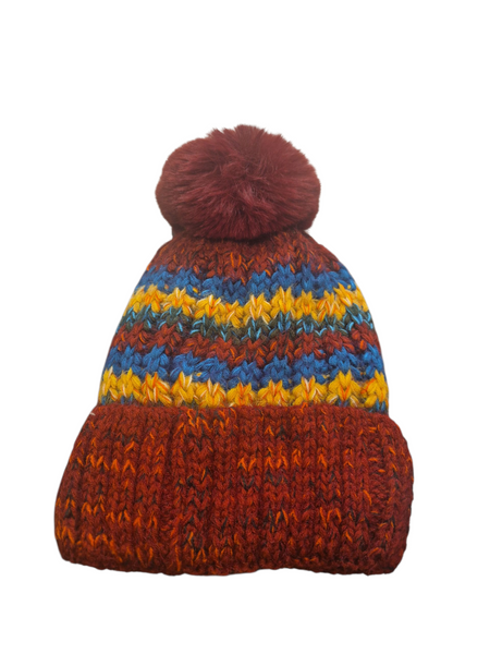 Ladies Striped Pom Pom Bobble Knitted Lined Hat HH2534