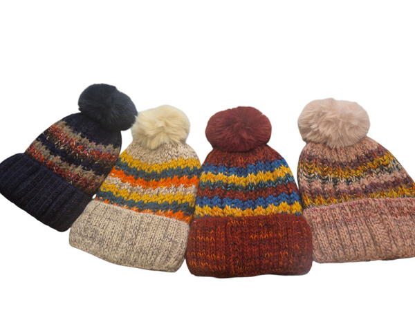 Ladies Striped Pom Pom Bobble Knitted Lined Hat HH2534