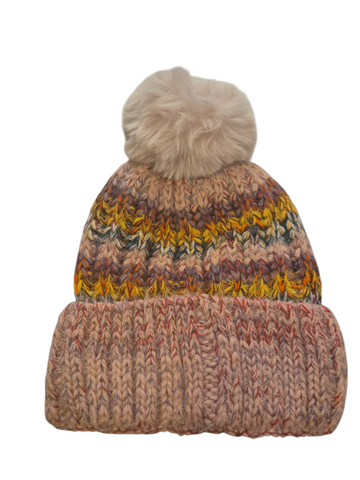 Ladies Striped Pom Pom Bobble Knitted Lined Hat HH2534