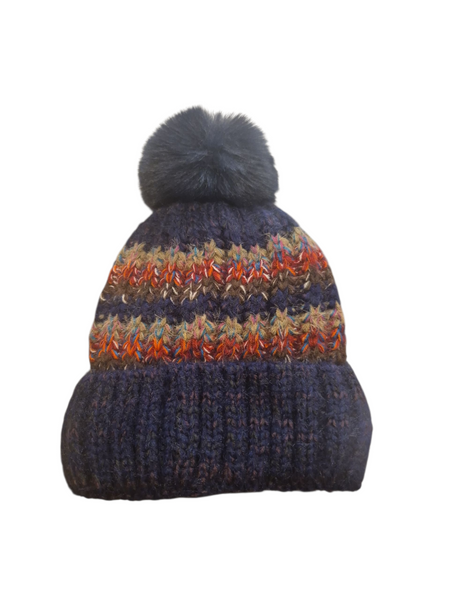 Ladies Striped Pom Pom Bobble Knitted Lined Hat HH2534