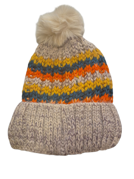 Ladies Striped Pom Pom Bobble Knitted Lined Hat HH2534