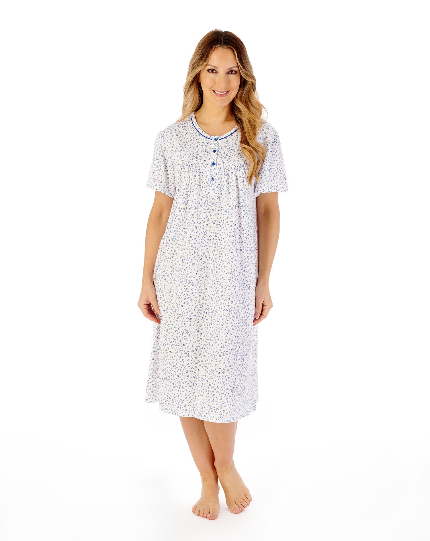 Slenderella Ditsy Print 45" Jersey Nightdress ND08101BL White-Blue