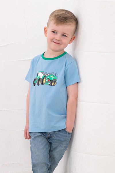 Little Lighthouse Boy's Oliver Short Sleeve Top Baby Blue-Green Tractor+Baler