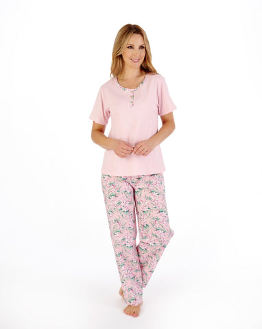 Slenderella Tropical Flower Print Jersey Top with Woven Trouser Pyjama PJ05222