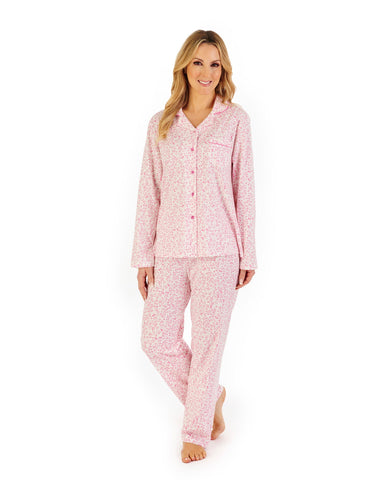 Slenderella Ladies Leaf Print Tailored Jersey Pyjama PJ06103 Pink