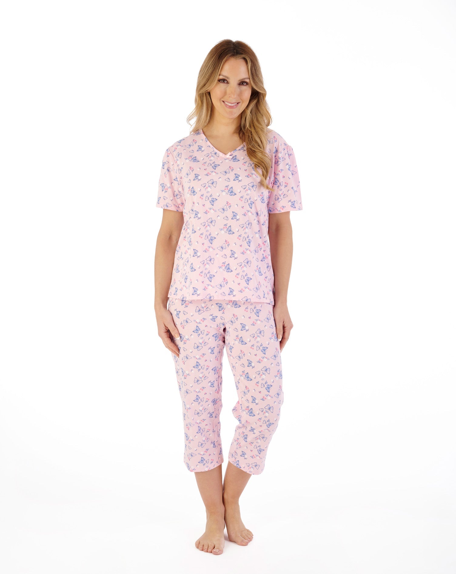 Slenderella Ladies Jersey Pyjama PJ07112PK Butterfly Print Pink
