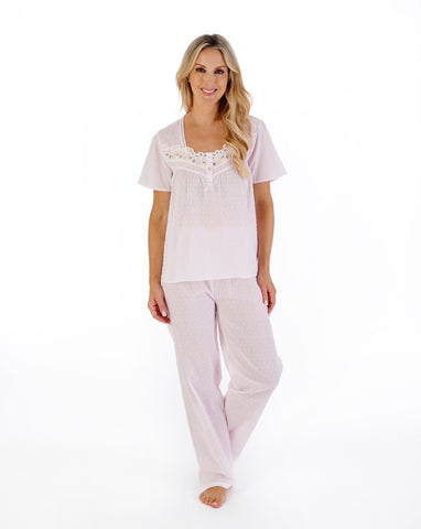 Slenderella Ladies Dobby Dot Woven Pyjama PJ07213 Pink