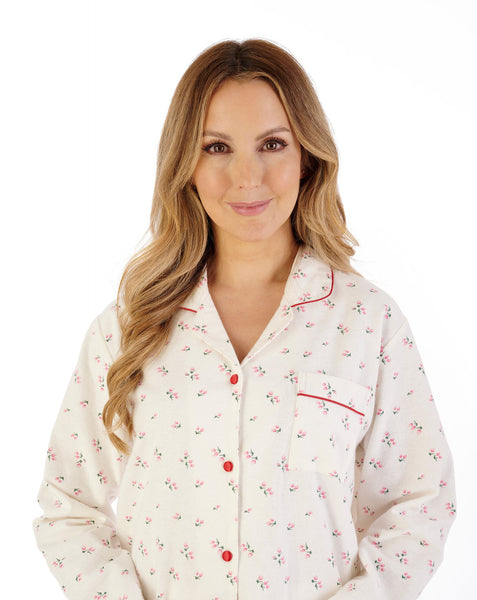 Slenderella Ladies Luxury Flannel Tailored Woven Pyjama PJ08213RD Floral Printed Red
