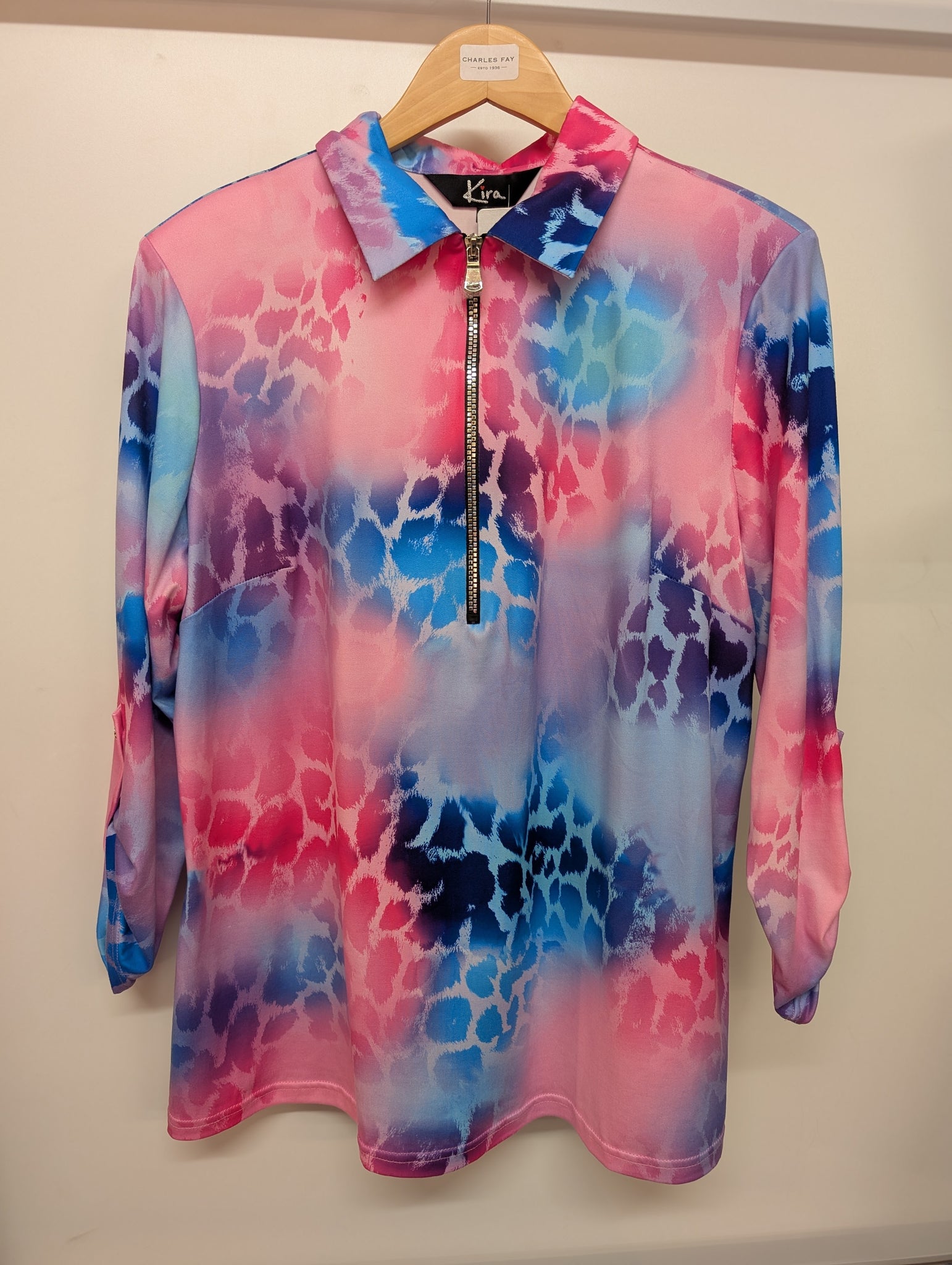 Kira Ladies Zip Collar Top Animal Print Pink Blue Fade