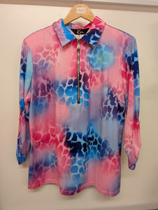 Kira Ladies Zip Collar Top Animal Print Pink Blue Fade