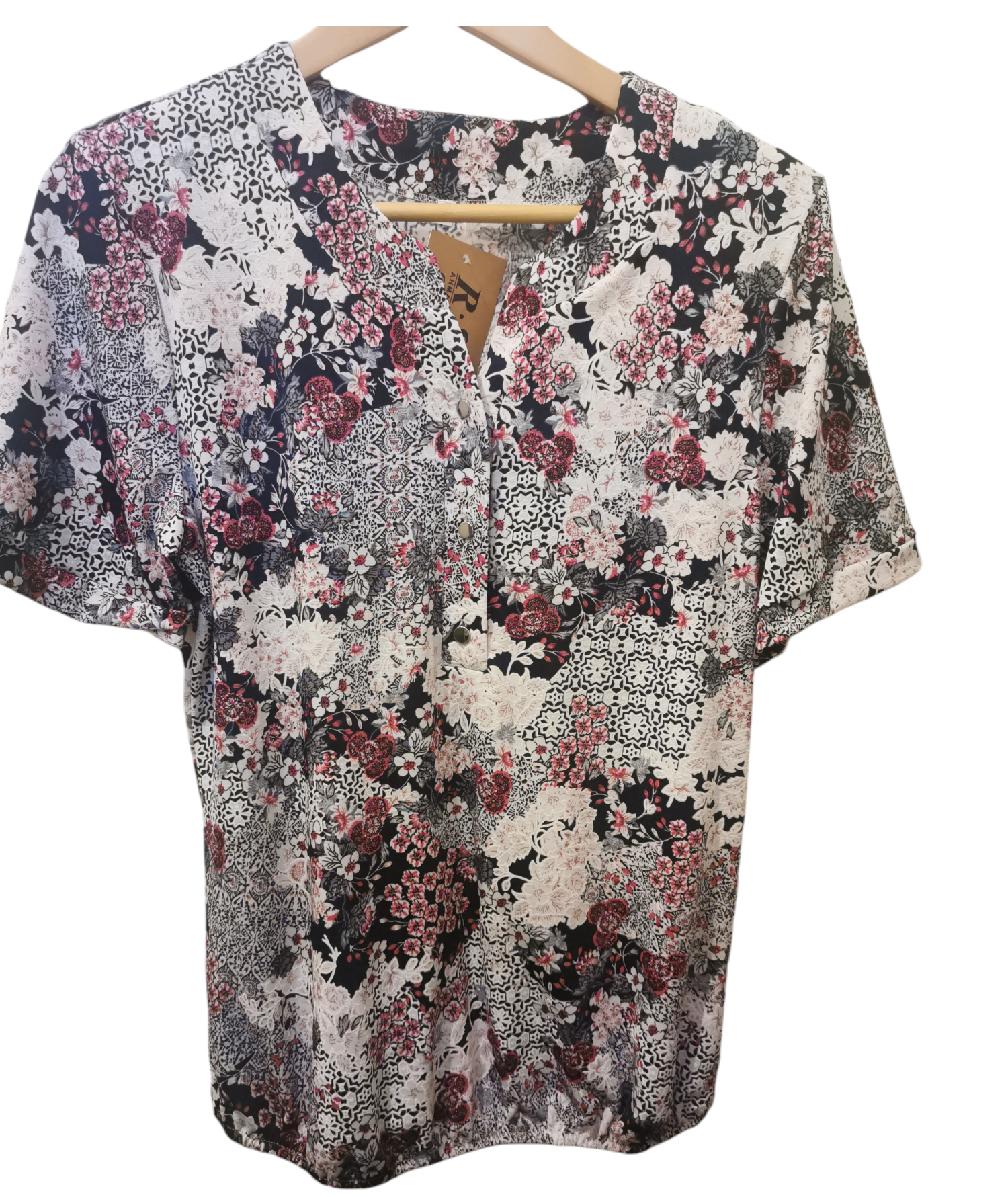 RSN Ladies Round Neck Top with 3 buttons Floral Garden Print
