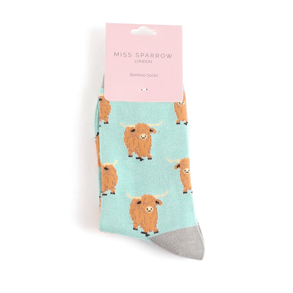 Miss Sparrow Ladies Bamboo Socks Highland Herd Duck Egg