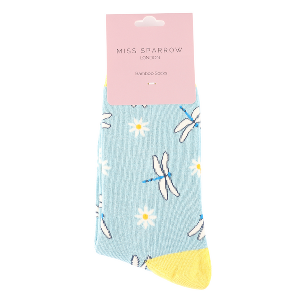 Miss Sparrow Ladies Bamboo Socks Dragonflies & Daisies Blue