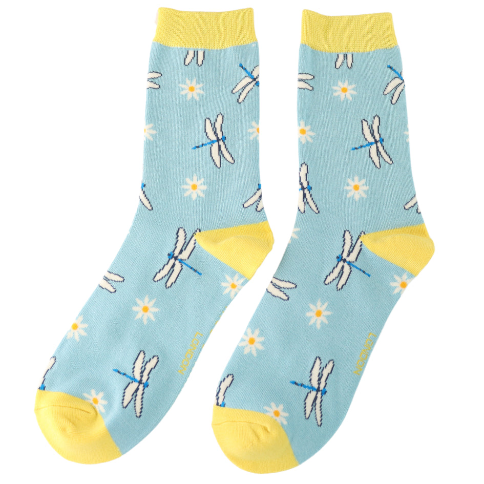 Miss Sparrow Ladies Bamboo Socks Dragonflies & Daisies Blue