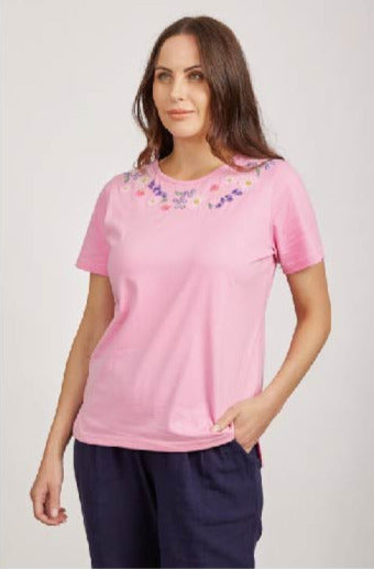 MUDFLOWER LADIES T-SHIRT WITH FLORAL EMBROIDERED NECK  SU-24MF-404