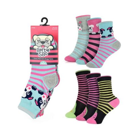 Bertie&Bo Girls 3 Pack Dog- Fruit Design Socks SK798