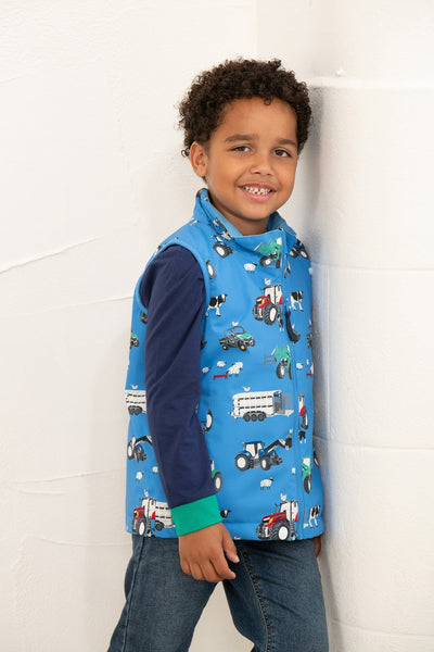 Little Lighthouse Alex Boys Gilet -Blue Farm Machinery Print