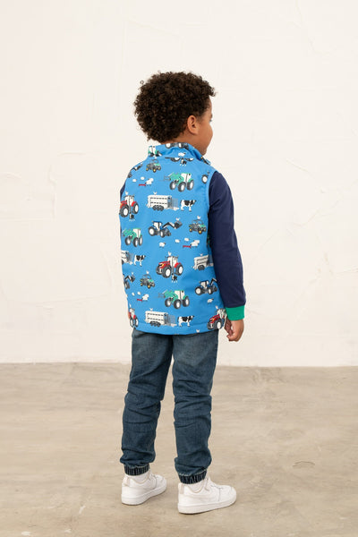 Little Lighthouse Alex Boys Gilet -Blue Farm Machinery Print