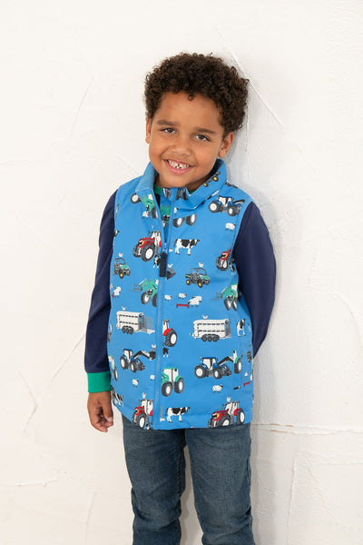 Little Lighthouse Alex Boys Gilet -Blue Farm Machinery Print
