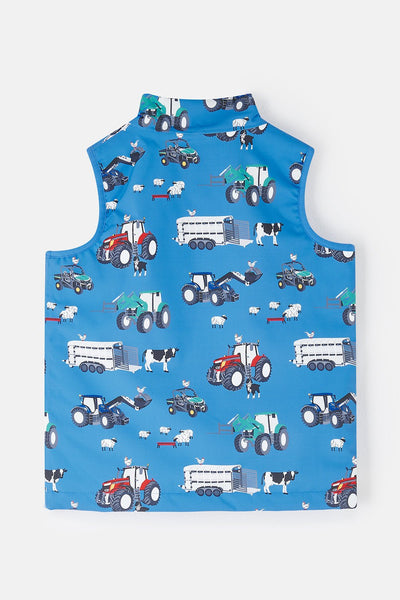 Little Lighthouse Alex Boys Gilet -Blue Farm Machinery Print