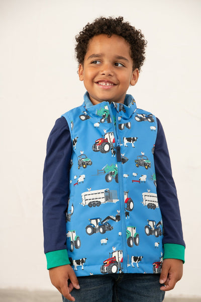 Little Lighthouse Alex Boys Gilet -Blue Farm Machinery Print
