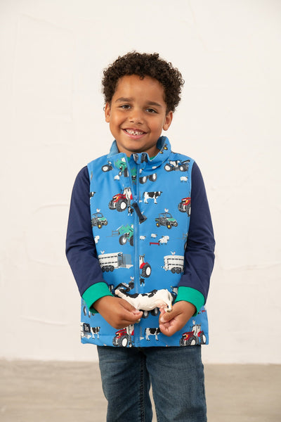 Little Lighthouse Alex Boys Gilet -Blue Farm Machinery Print