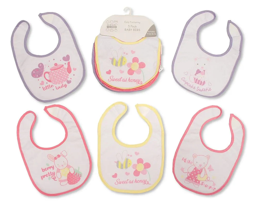 Nursery Time Baby Girls Bibs 5-Pack with waterproof backing