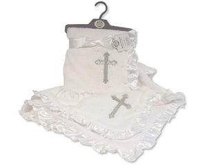 Snuggle Baby Satin Piping Christening Shawl with Embroidered Silver Cross  - White