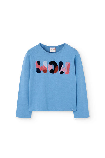 Boboli Girl's Long Sleeve Slogan Tshirt Baby Blue Wow