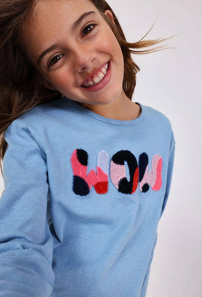 Boboli Girl's Long Sleeve Slogan Tshirt Baby Blue Wow