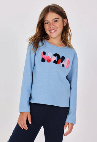 Boboli Girl's Long Sleeve Slogan Tshirt Baby Blue Wow