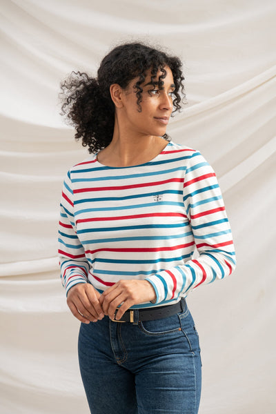 Lighthouse Ladies Causeway Breton Top - Red Teal Stripe