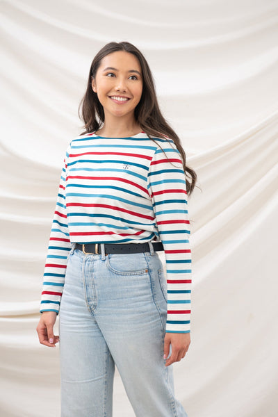 Lighthouse Ladies Causeway Breton Top - Red Teal Stripe