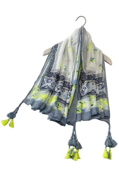 Tassel Square Scarf with Border Print Delicate Feather SC-7476
