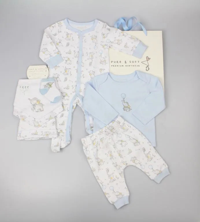 Pure & Soft Premium Baby Boy 8 Piece Layette Set Elephant with Balloon E13343 Blue