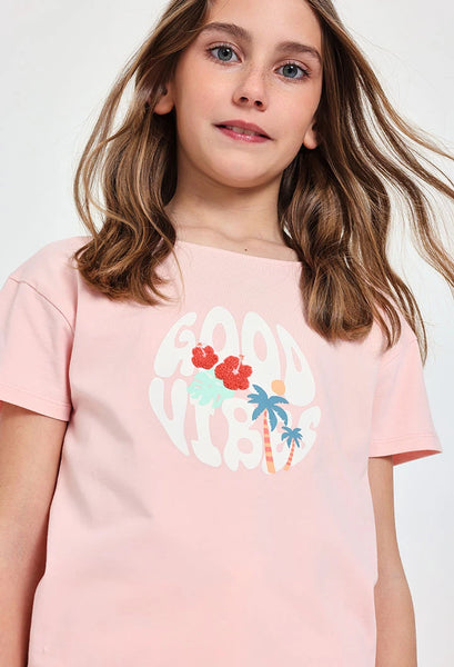 Boboli Girl's Stretch Print T-Shirt  431031 Flamingo Good Vibes