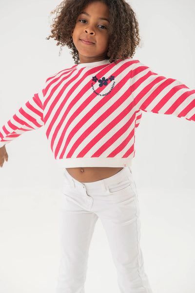 Boboli Girl's Striped Sweat Shirt Embroidered Flowers 411163 Red & White
