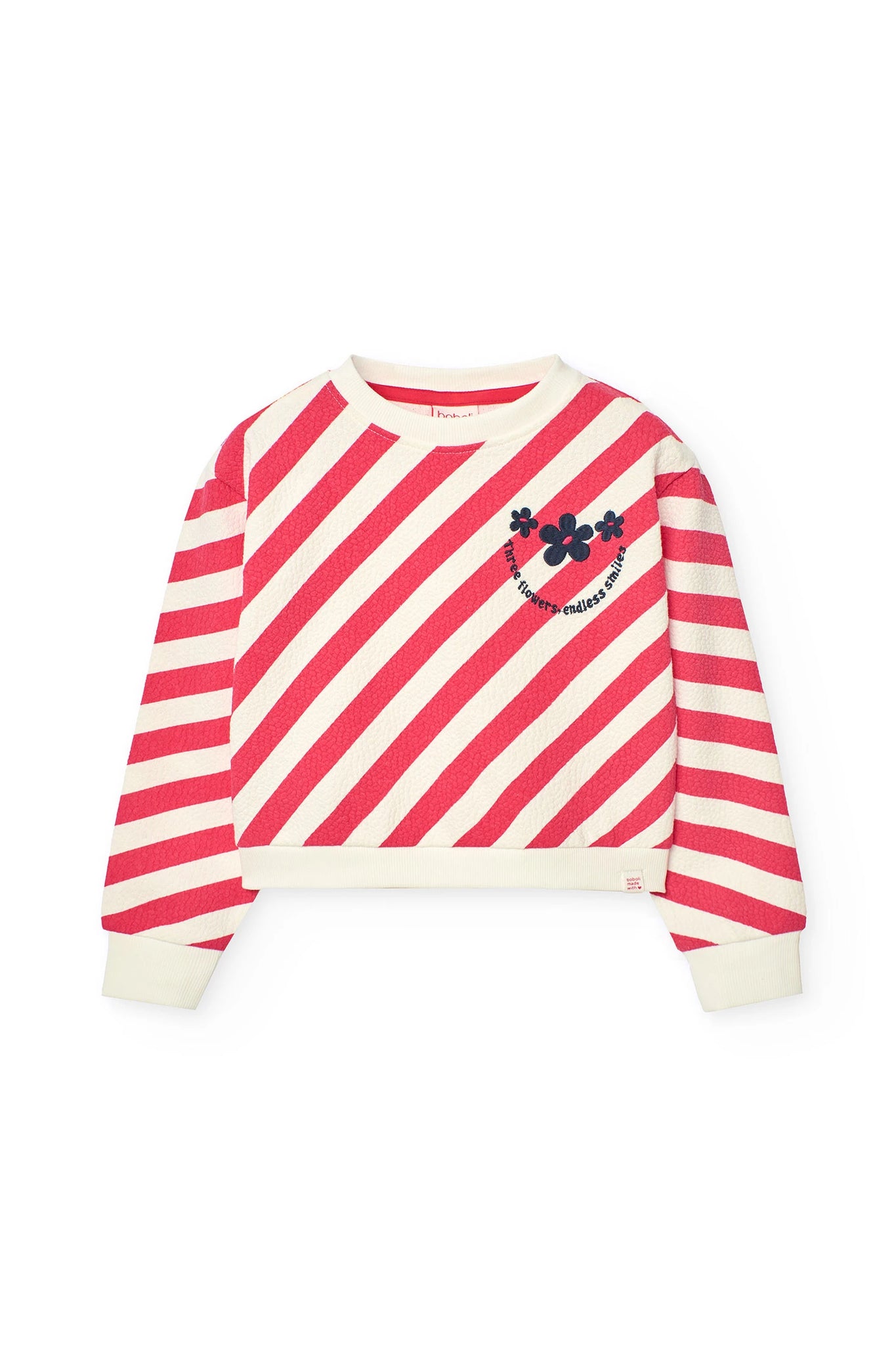 Boboli Girl's Striped Sweat Shirt Embroidered Flowers 411163 Red & White