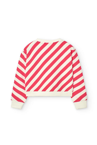 Boboli Girl's Striped Sweat Shirt Embroidered Flowers 411163 Red & White