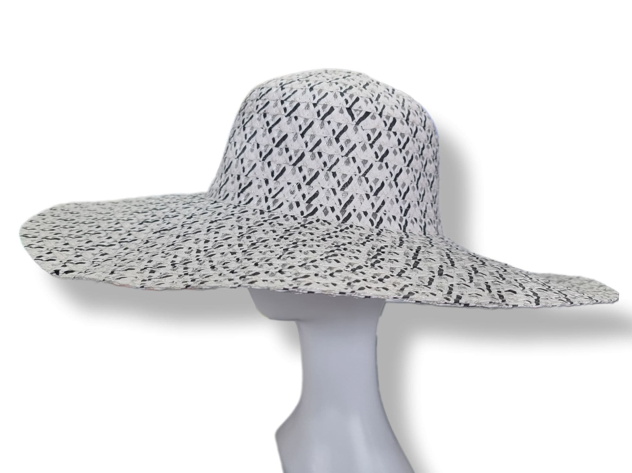 Ladies Wide Brim Straw Sun Hat V Contrasting V Pattern Black-White